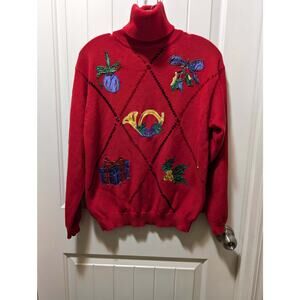 VTG The Eagles Eye Ugly Red Christmas Sweater Turtleneck Size S Beaded Holiday